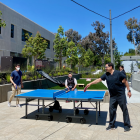 Mahajan lab members play ping pong at the Hub during a lunch break.